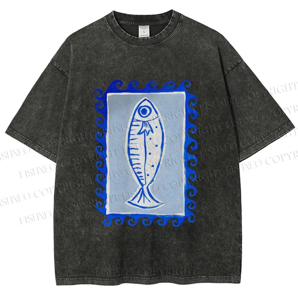 Unisex Blue Fish Printed Washed Tee