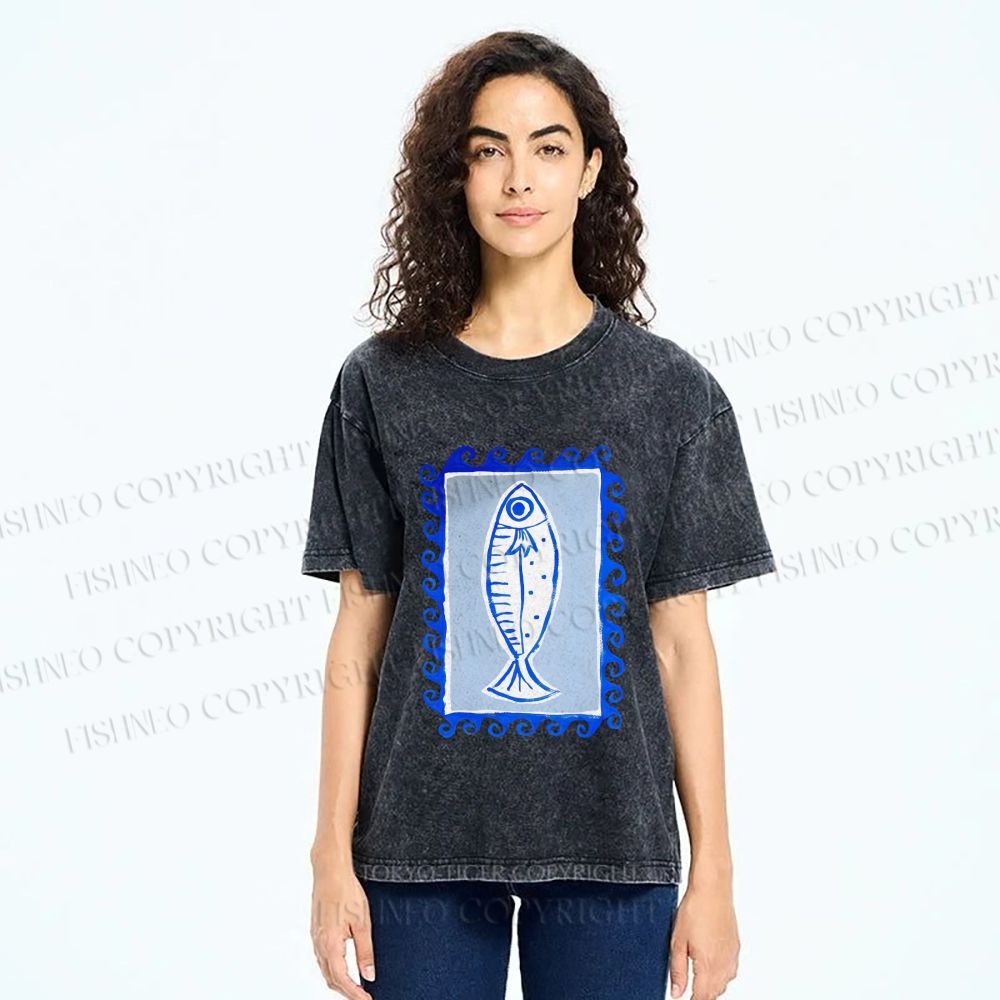Unisex Blue Fish Printed Washed Tee