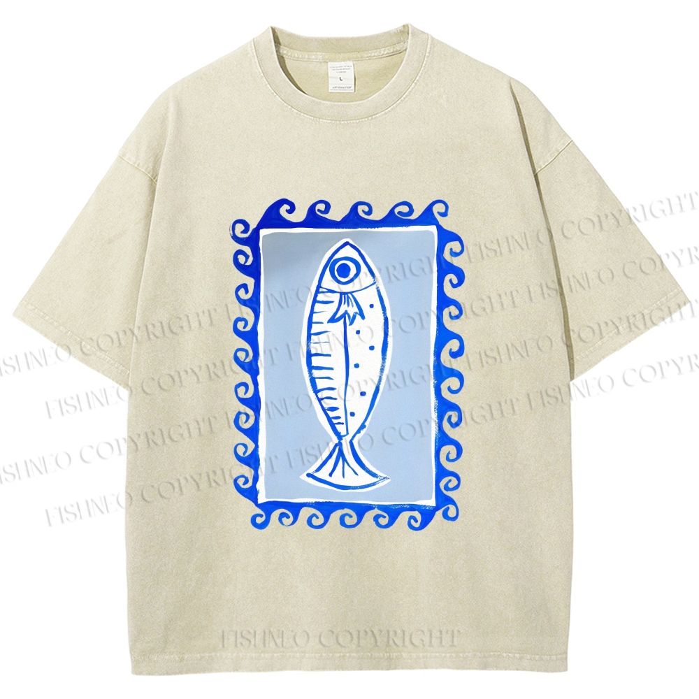 Unisex Blue Fish Printed Washed Tee
