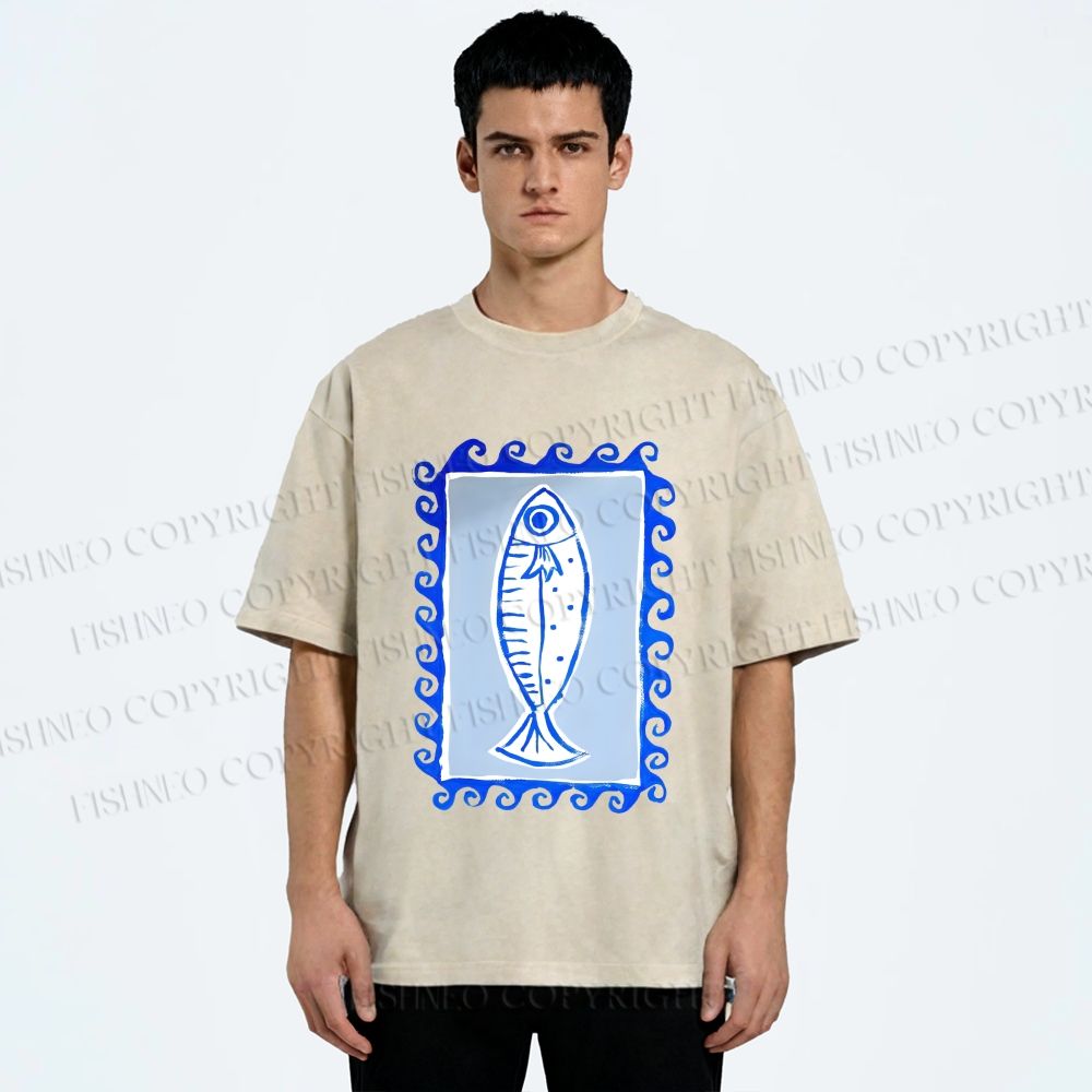 Unisex Blue Fish Printed Washed Tee