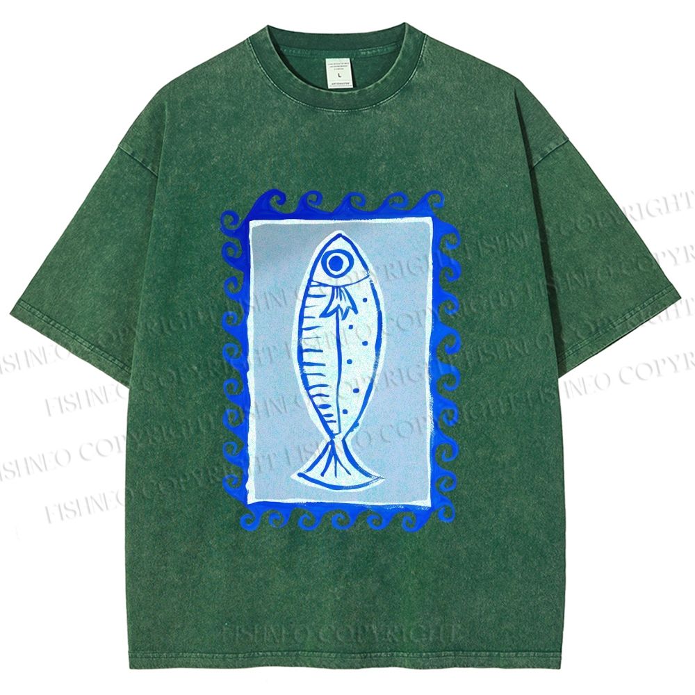 Unisex Blue Fish Printed Washed Tee