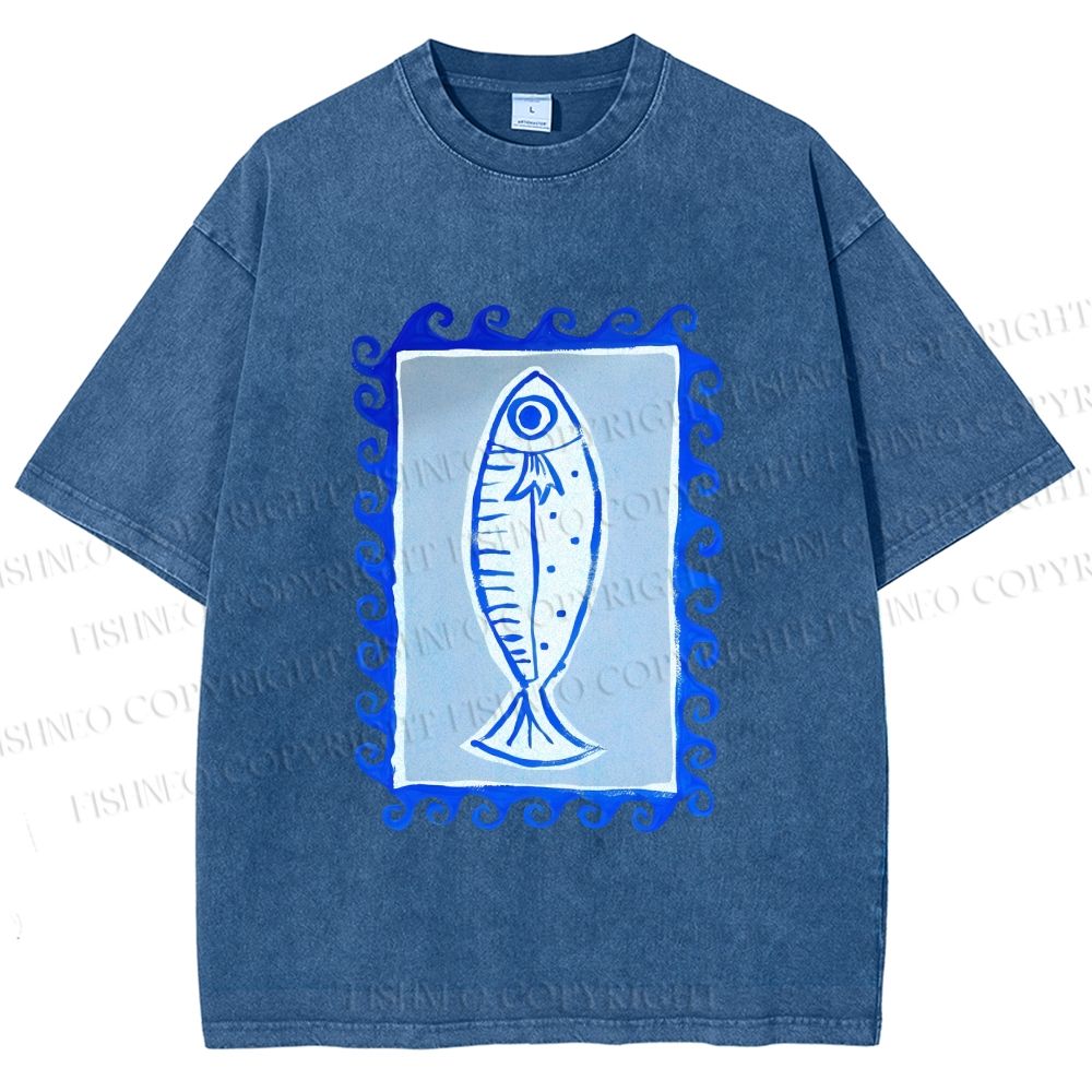 Unisex Blue Fish Printed Washed Tee