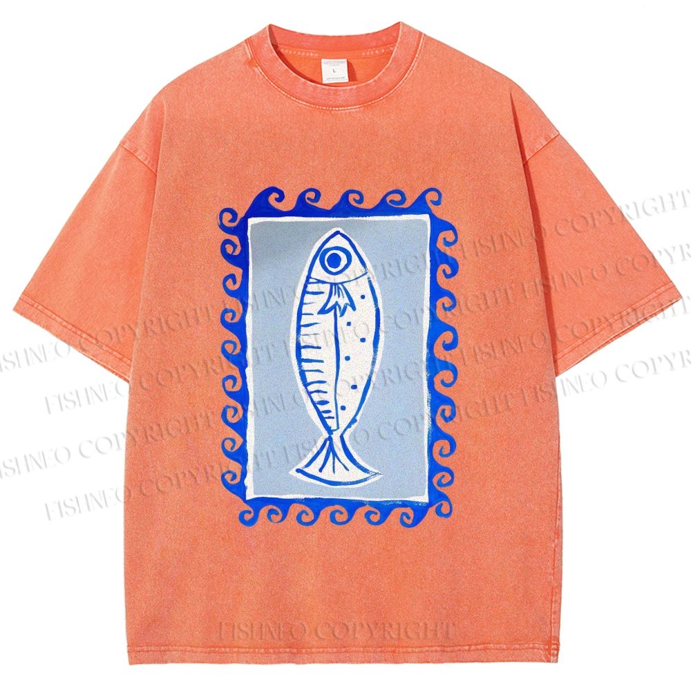 Unisex Blue Fish Printed Washed Tee