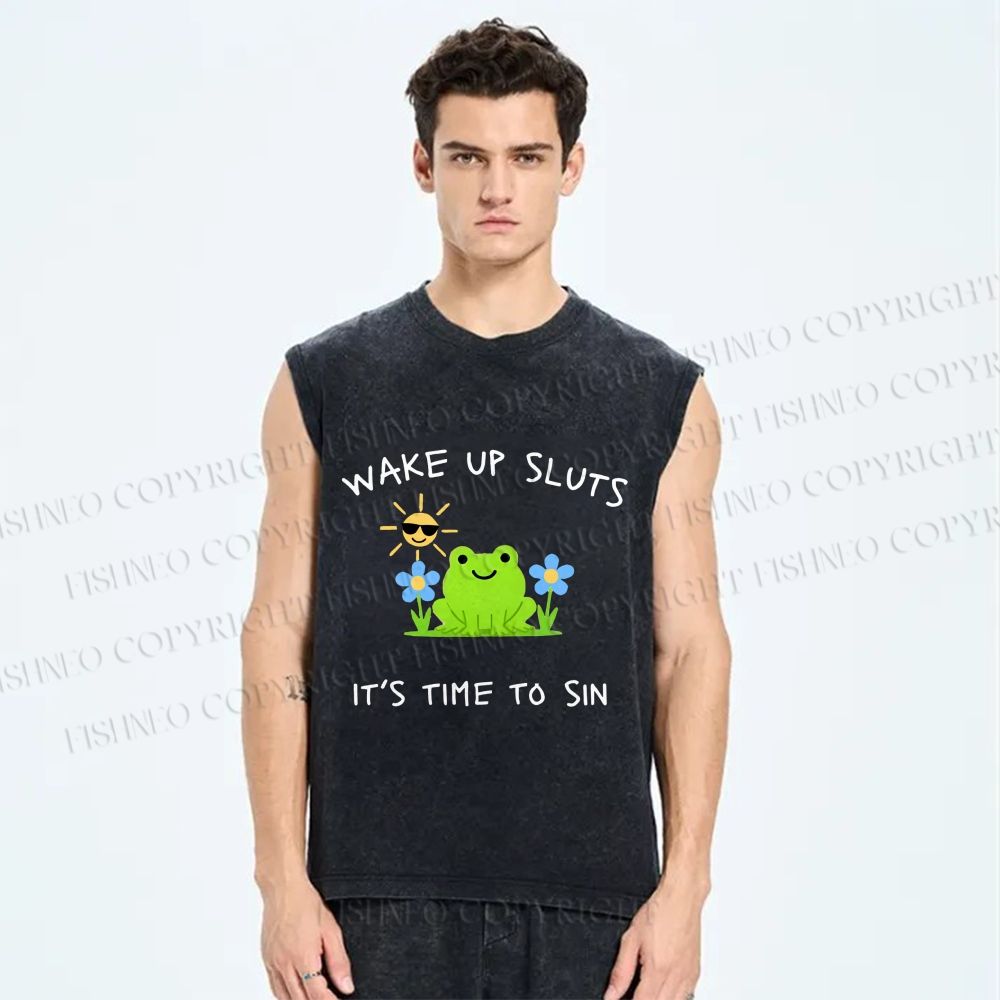 Unisex Wake Up Sluts Frog Printed Washed Tank Top