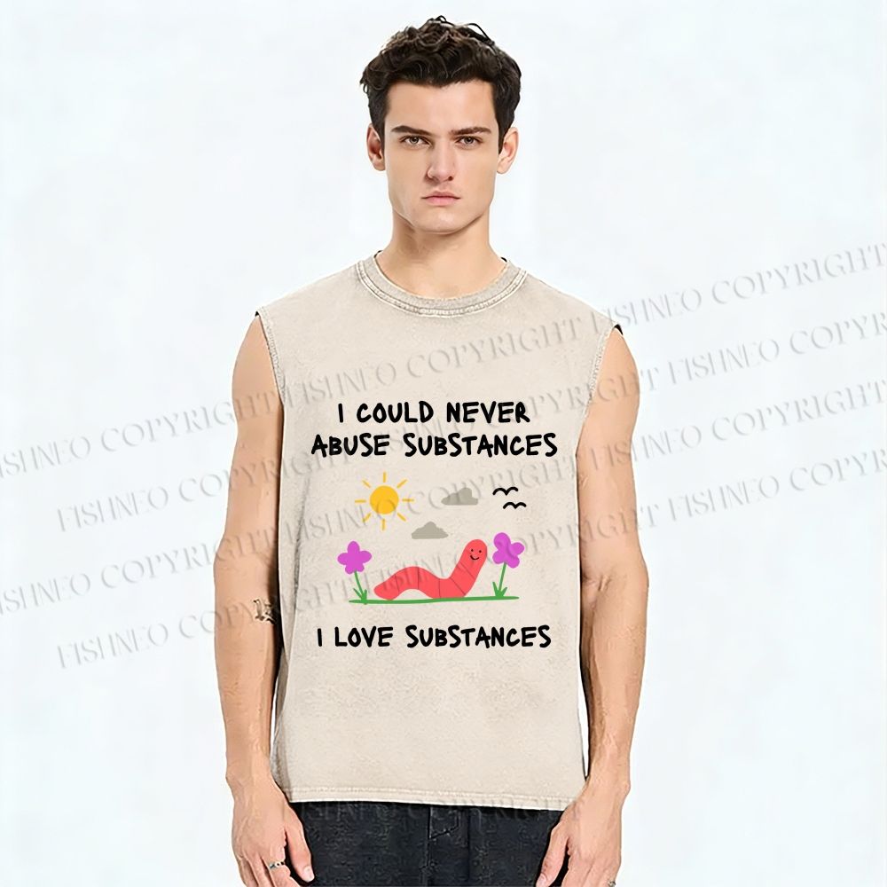 Unisex I Love Substances Worm Printed Washed Tank Top