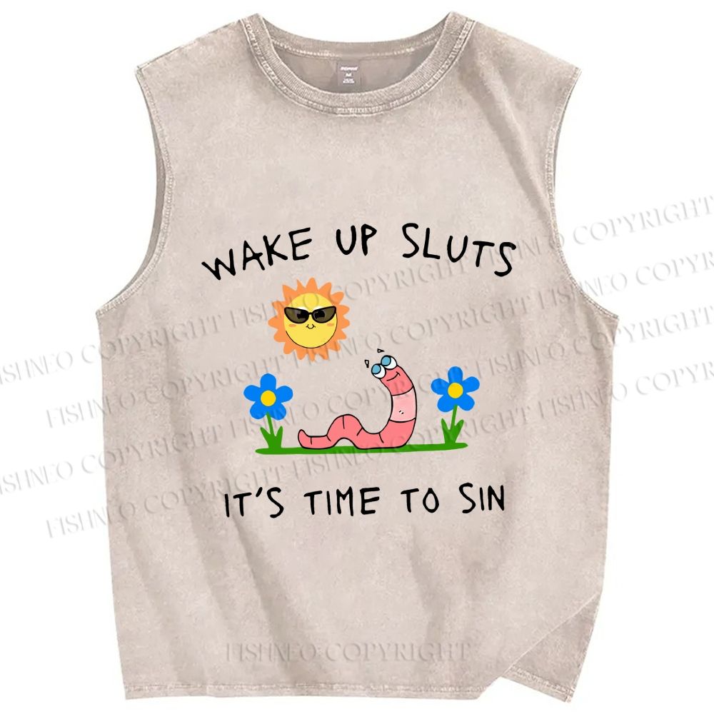 Unisex Wake Up Sluts Worm Printed Washed Tank Top