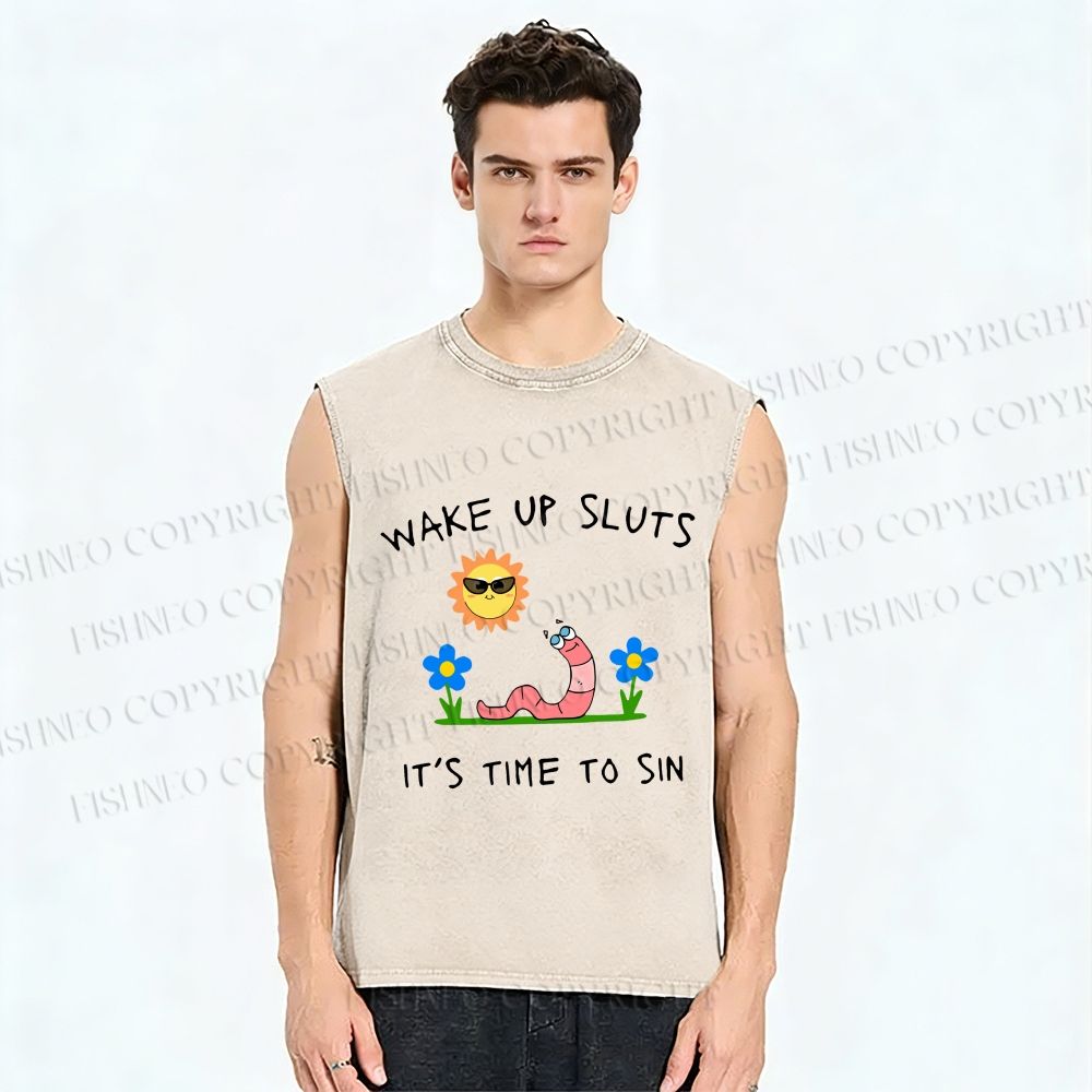 Unisex Wake Up Sluts Worm Printed Washed Tank Top