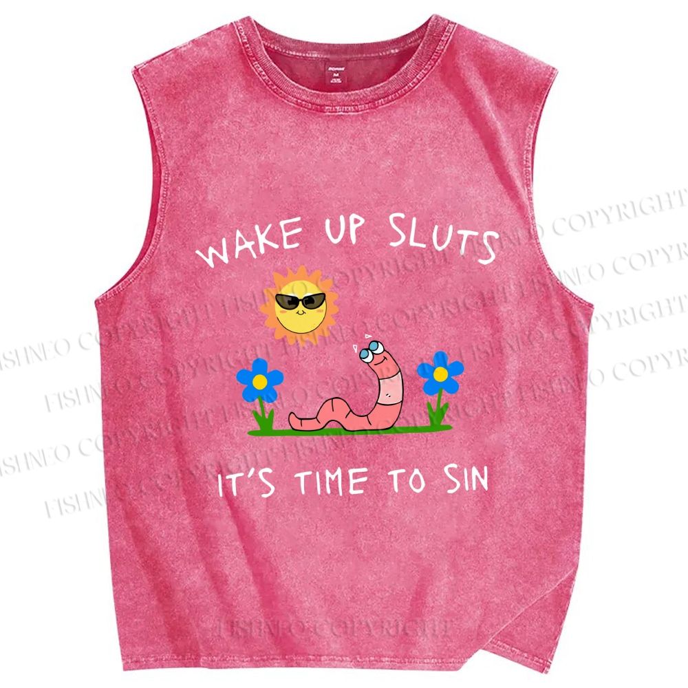 Unisex Wake Up Sluts Worm Printed Washed Tank Top