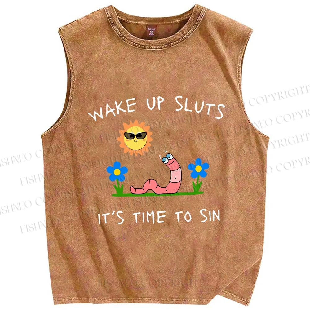 Unisex Wake Up Sluts Worm Printed Washed Tank Top
