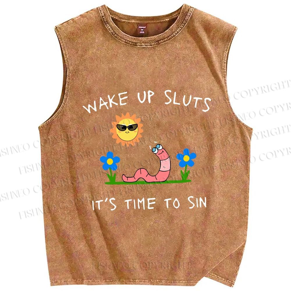 Unisex Wake Up Sluts Worm Printed Washed Tank Top