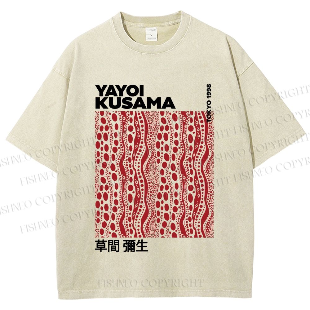 Unisex Yayoi Kusama Red Line Dots Graffiti Printed Washed Tee