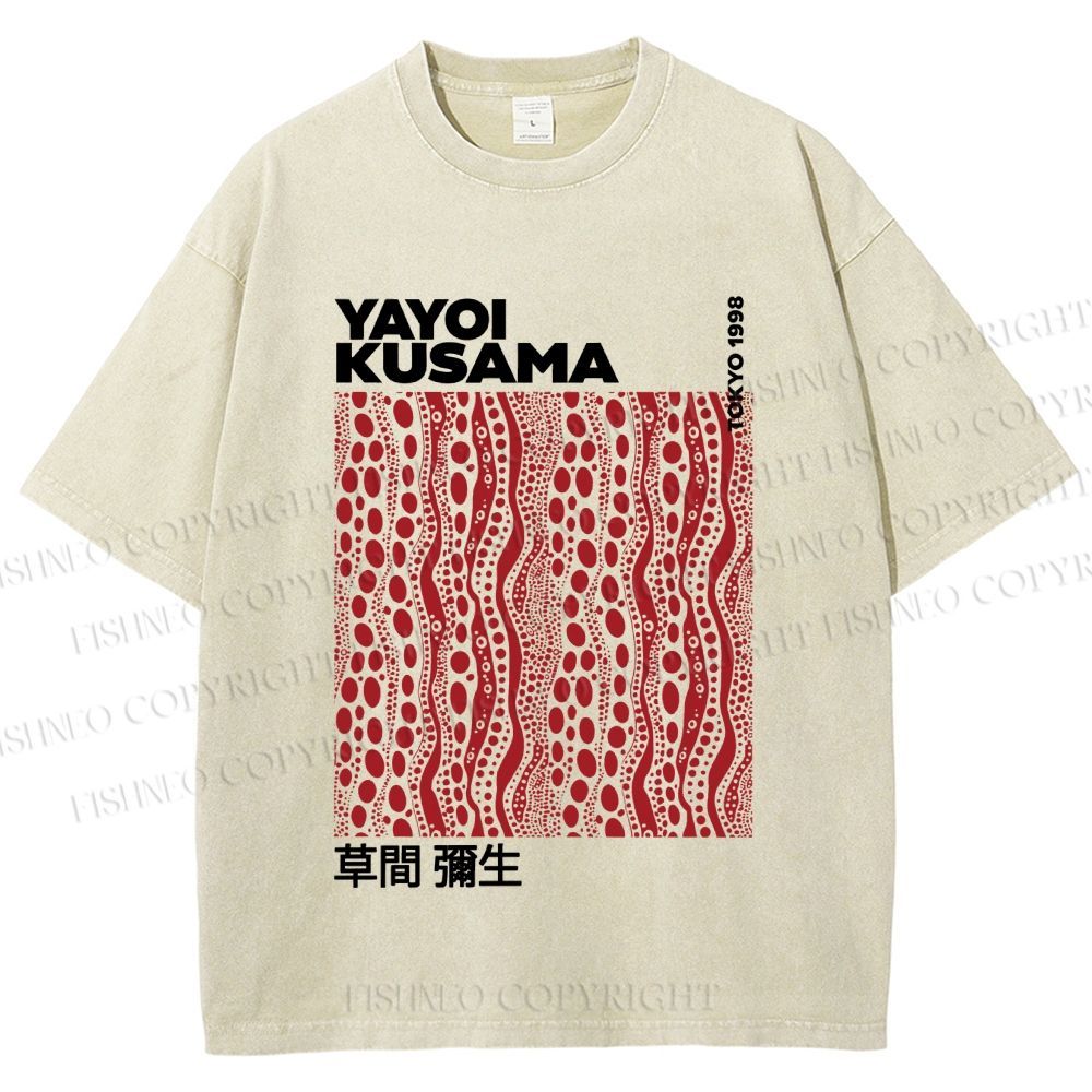 Unisex Yayoi Kusama Red Line Dots Graffiti Printed Washed Tee