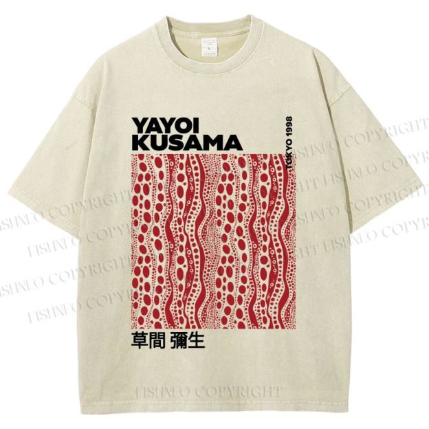 Unisex Yayoi Kusama Red Line Dots Graffiti Printed Washed Tee