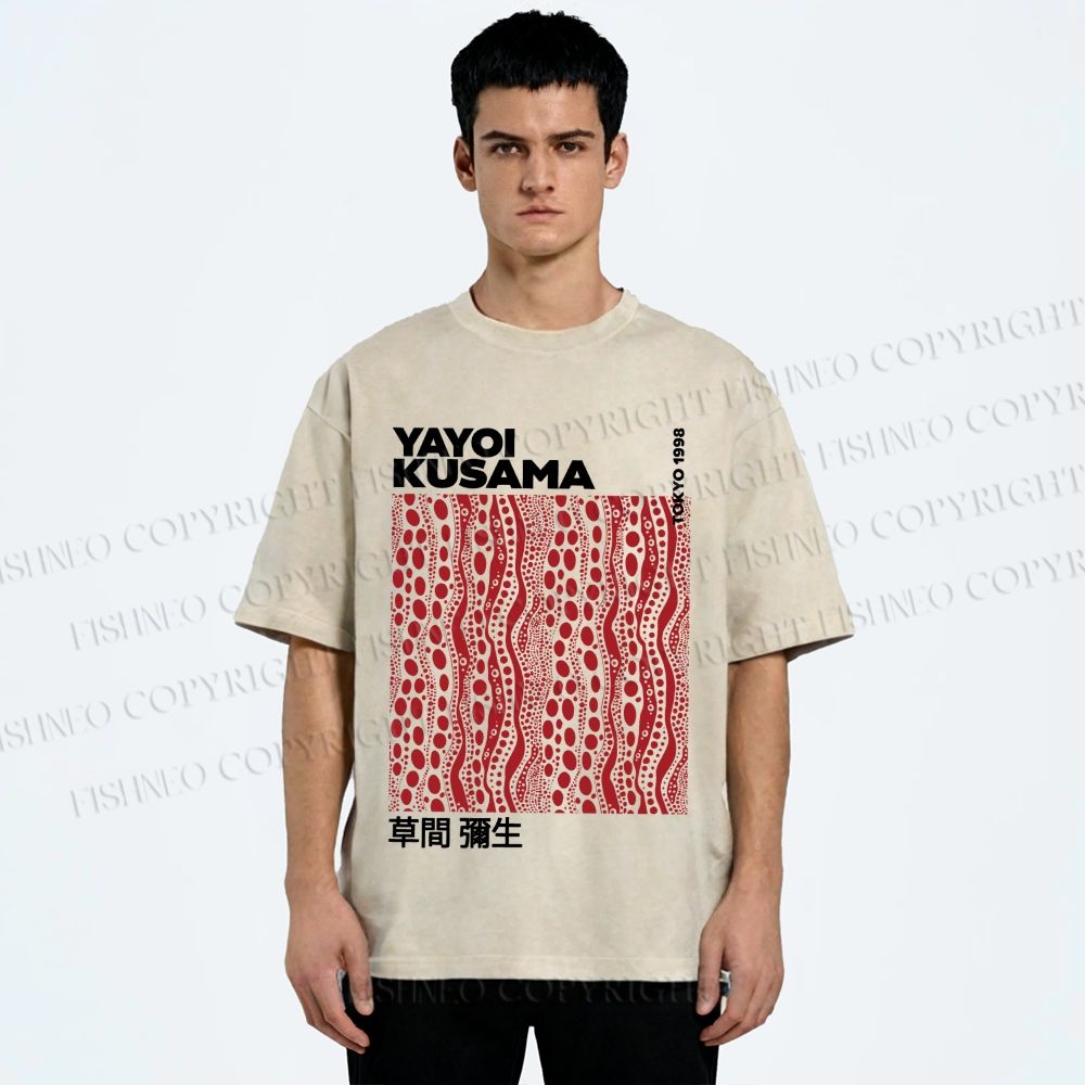 Unisex Yayoi Kusama Red Line Dots Graffiti Printed Washed Tee