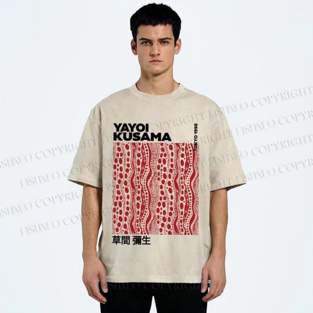 Unisex Yayoi Kusama Red Line Dots Graffiti Printed Washed Tee