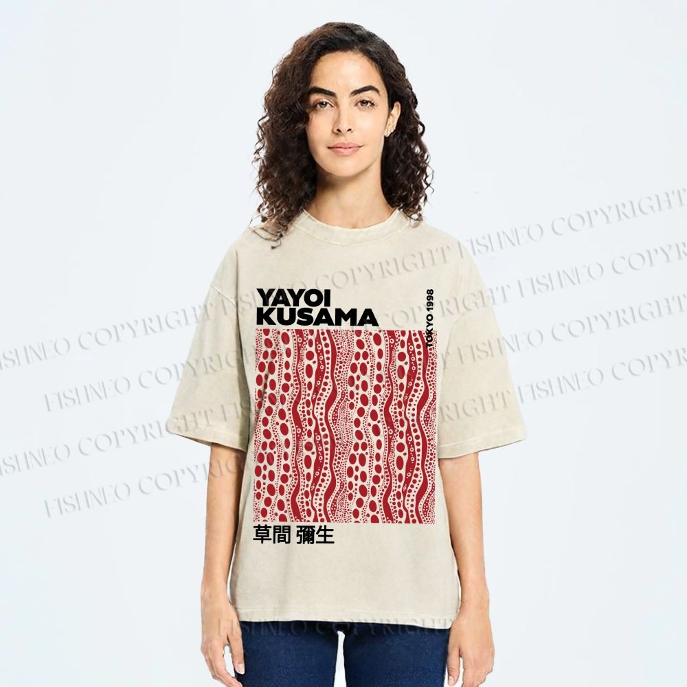 Unisex Yayoi Kusama Red Line Dots Graffiti Printed Washed Tee