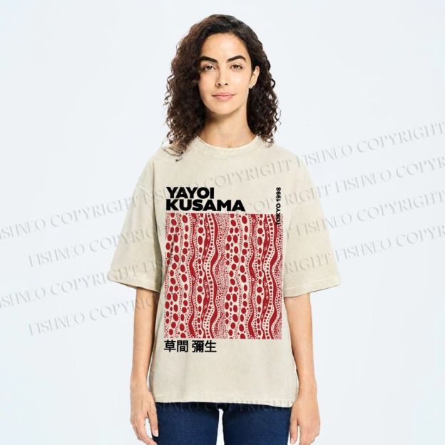 Unisex Yayoi Kusama Red Line Dots Graffiti Printed Washed Tee