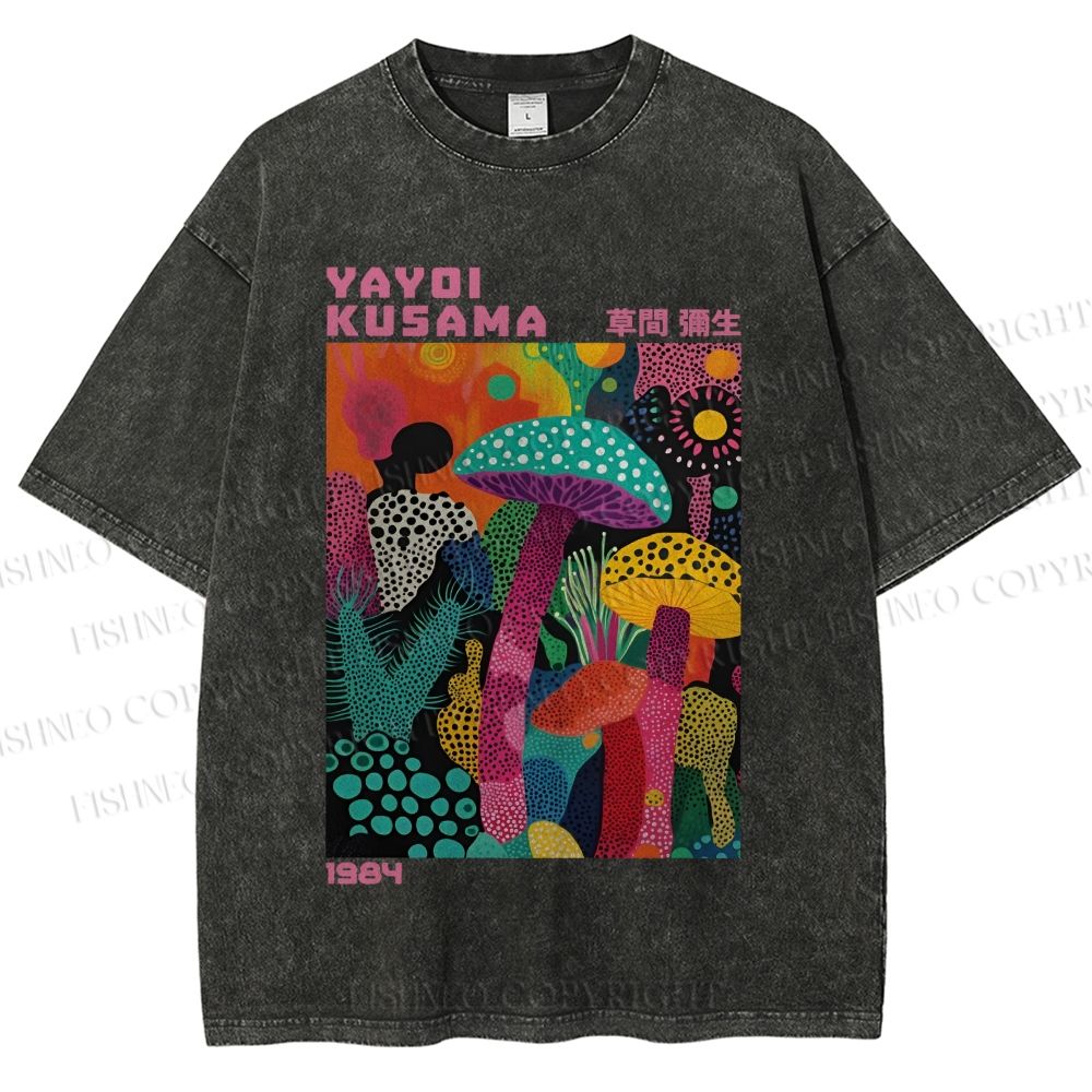 Unisex Yayoi Kusama Multicolor Mushroom Printed Washed Tee