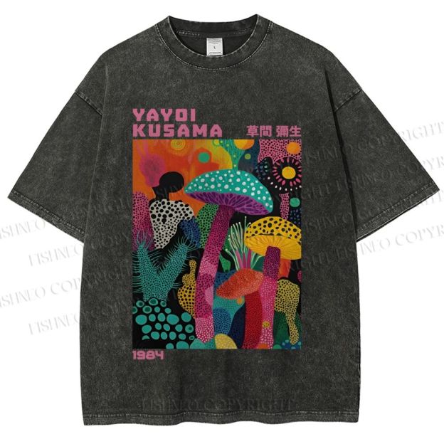 Unisex Yayoi Kusama Multicolor Mushroom Printed Washed Tee