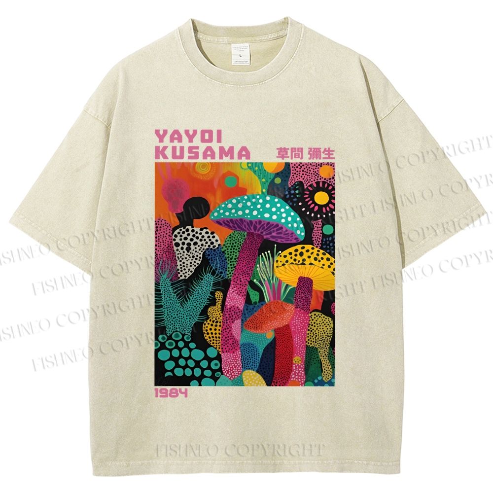Unisex Yayoi Kusama Multicolor Mushroom Printed Washed Tee