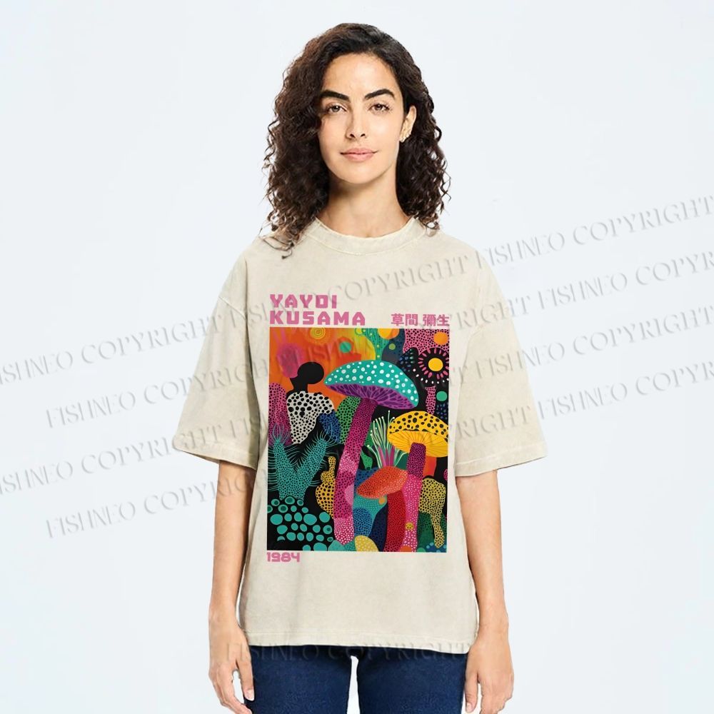 Unisex Yayoi Kusama Multicolor Mushroom Printed Washed Tee