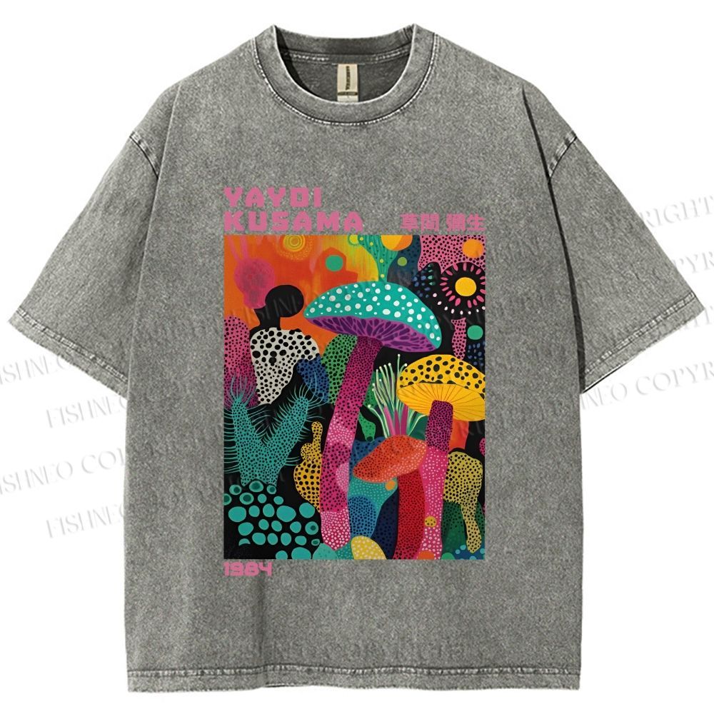 Unisex Yayoi Kusama Multicolor Mushroom Printed Washed Tee