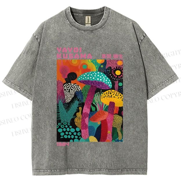 Unisex Yayoi Kusama Multicolor Mushroom Printed Washed Tee