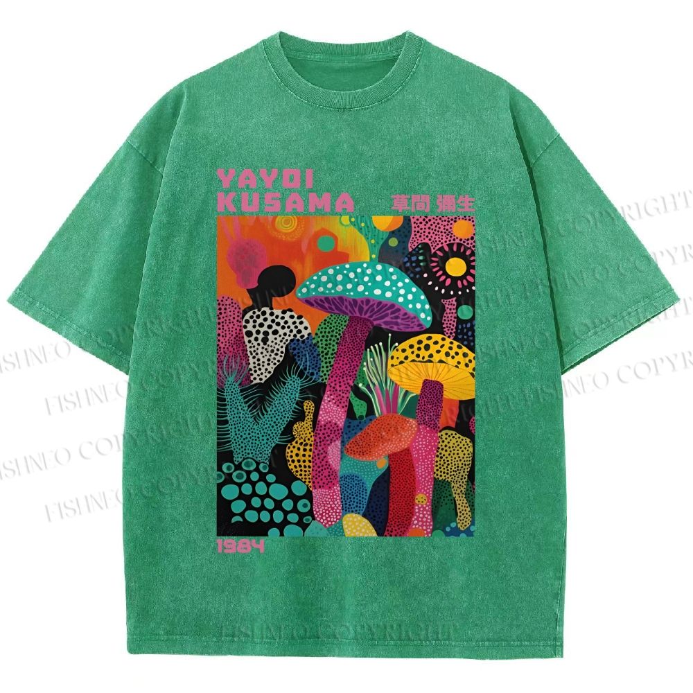 Unisex Yayoi Kusama Multicolor Mushroom Printed Washed Tee