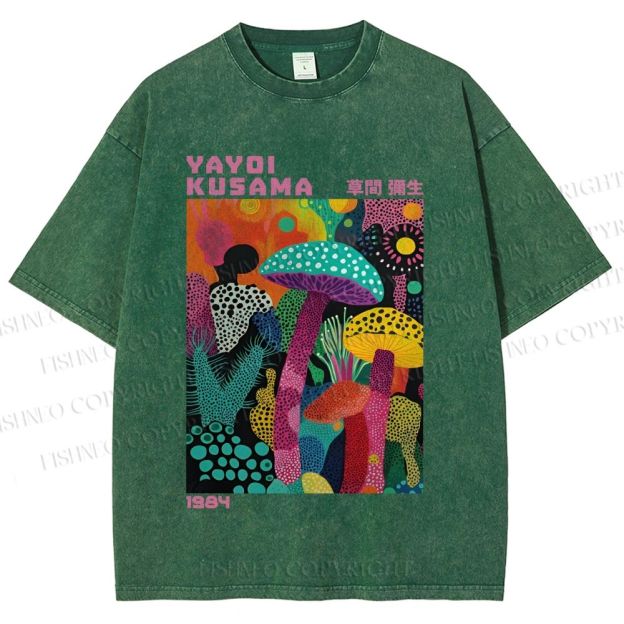 Unisex Yayoi Kusama Multicolor Mushroom Printed Washed Tee
