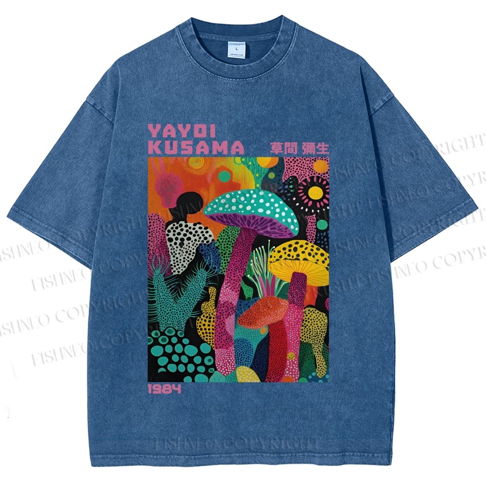 Unisex Yayoi Kusama Multicolor Mushroom Printed Washed Tee