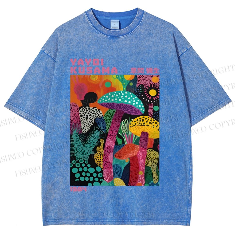 Unisex Yayoi Kusama Multicolor Mushroom Printed Washed Tee