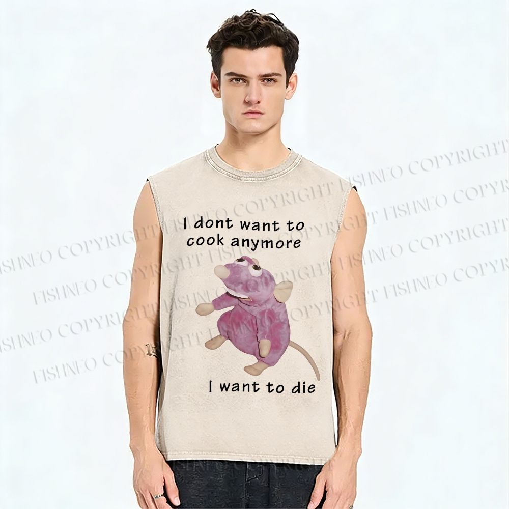 Unisex Exhausted Rat Dont Want to Cook Anymore Printed Washed Tank Top