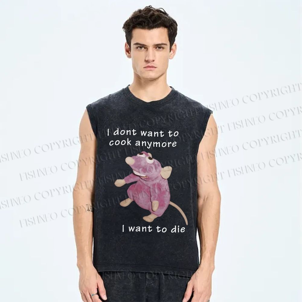 Unisex Exhausted Rat Dont Want to Cook Anymore Printed Washed Tank Top