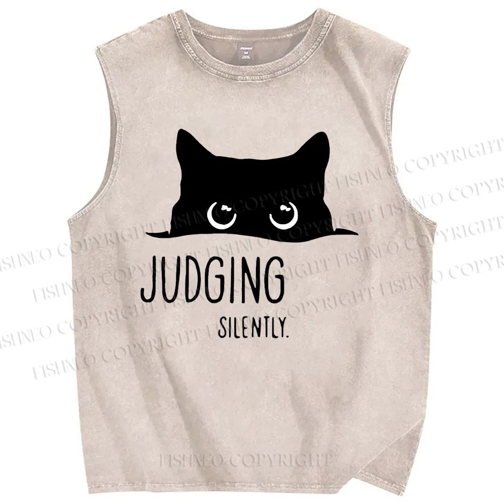 Unisex Judging Silently Cat Printed Washed Tank Top
