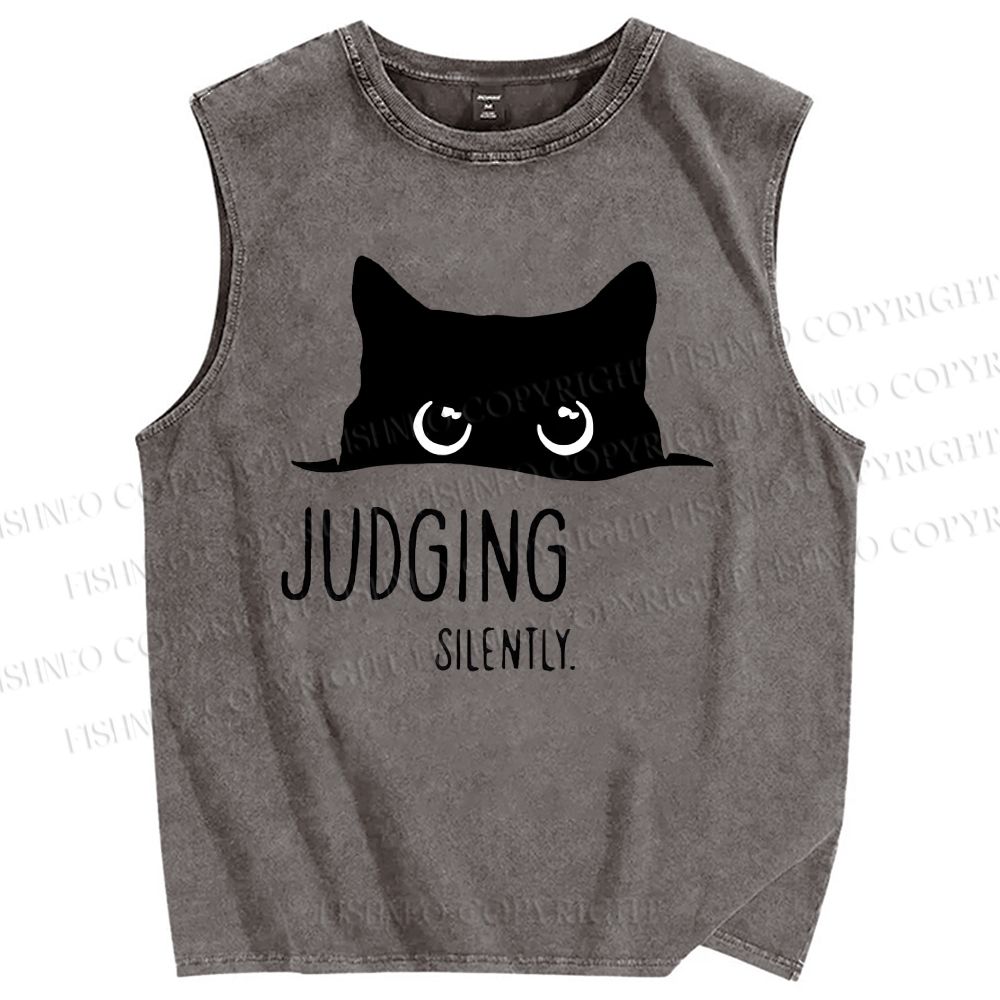 Unisex Judging Silently Cat Printed Washed Tank Top