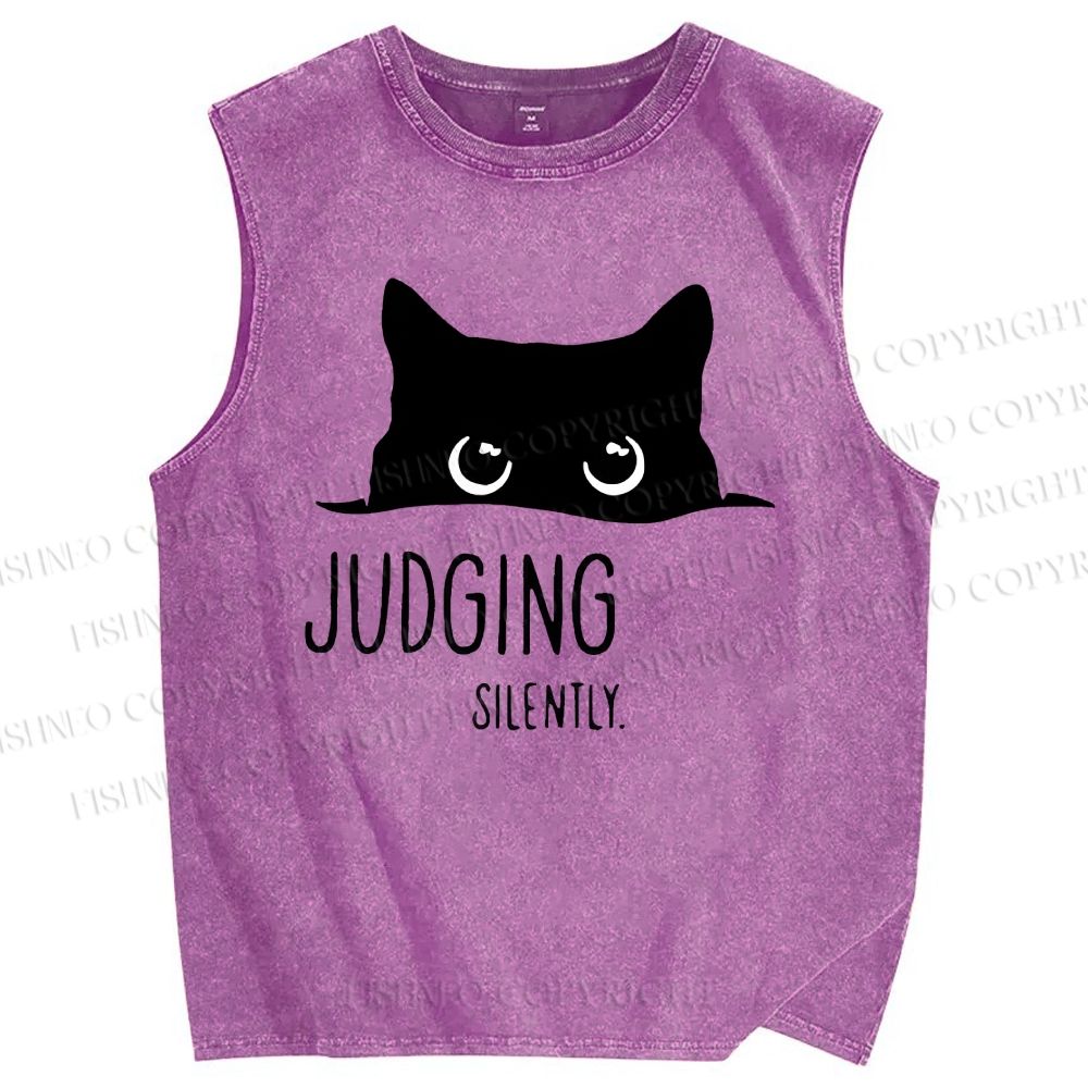 Unisex Judging Silently Cat Printed Washed Tank Top