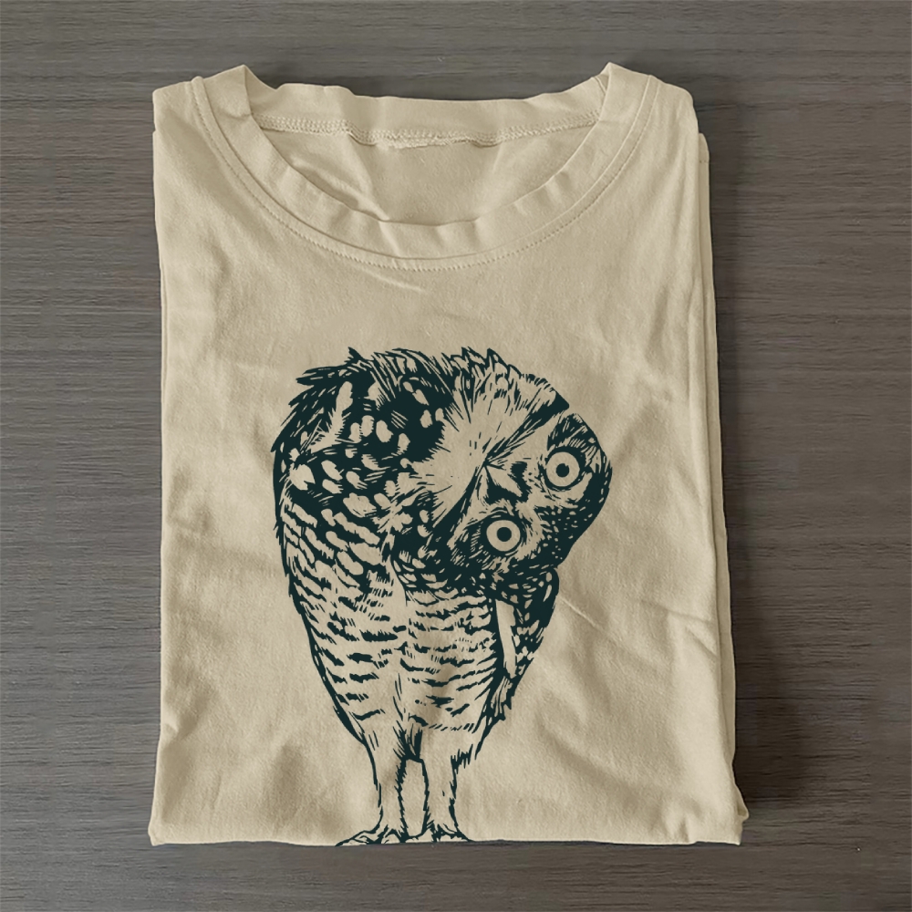Unisex Classic Cotton Linocut Owl Printed Folded T-shirt