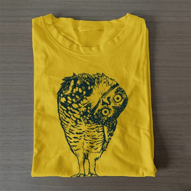 Unisex Classic Cotton Linocut Owl Printed Folded T-shirt