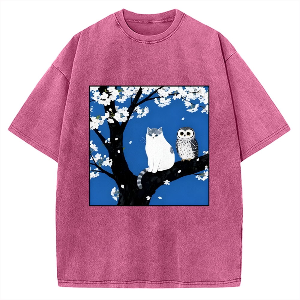 Unisex Cat And Owl Under Sakura Printed Washed Tee