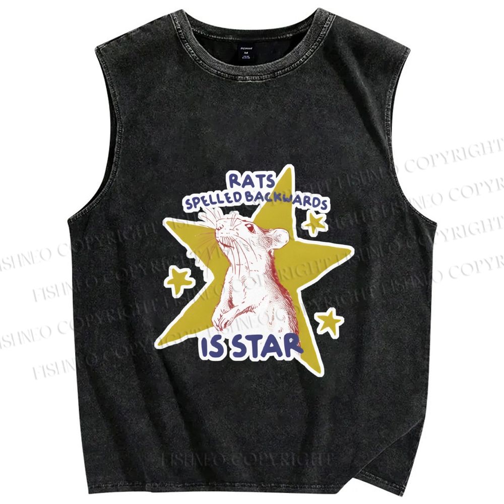 Unisex Rats Spelled Backwards is Star Printed Washed Tank Top