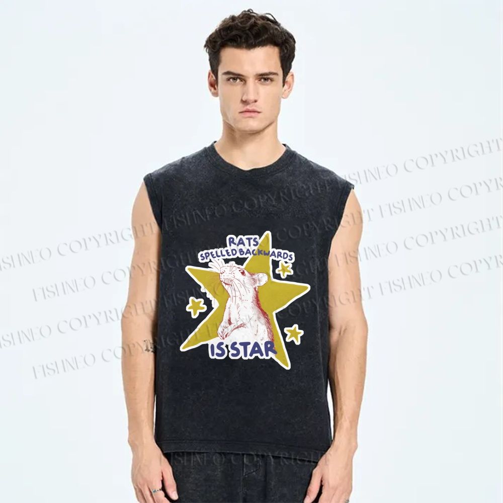 Unisex Rats Spelled Backwards is Star Printed Washed Tank Top