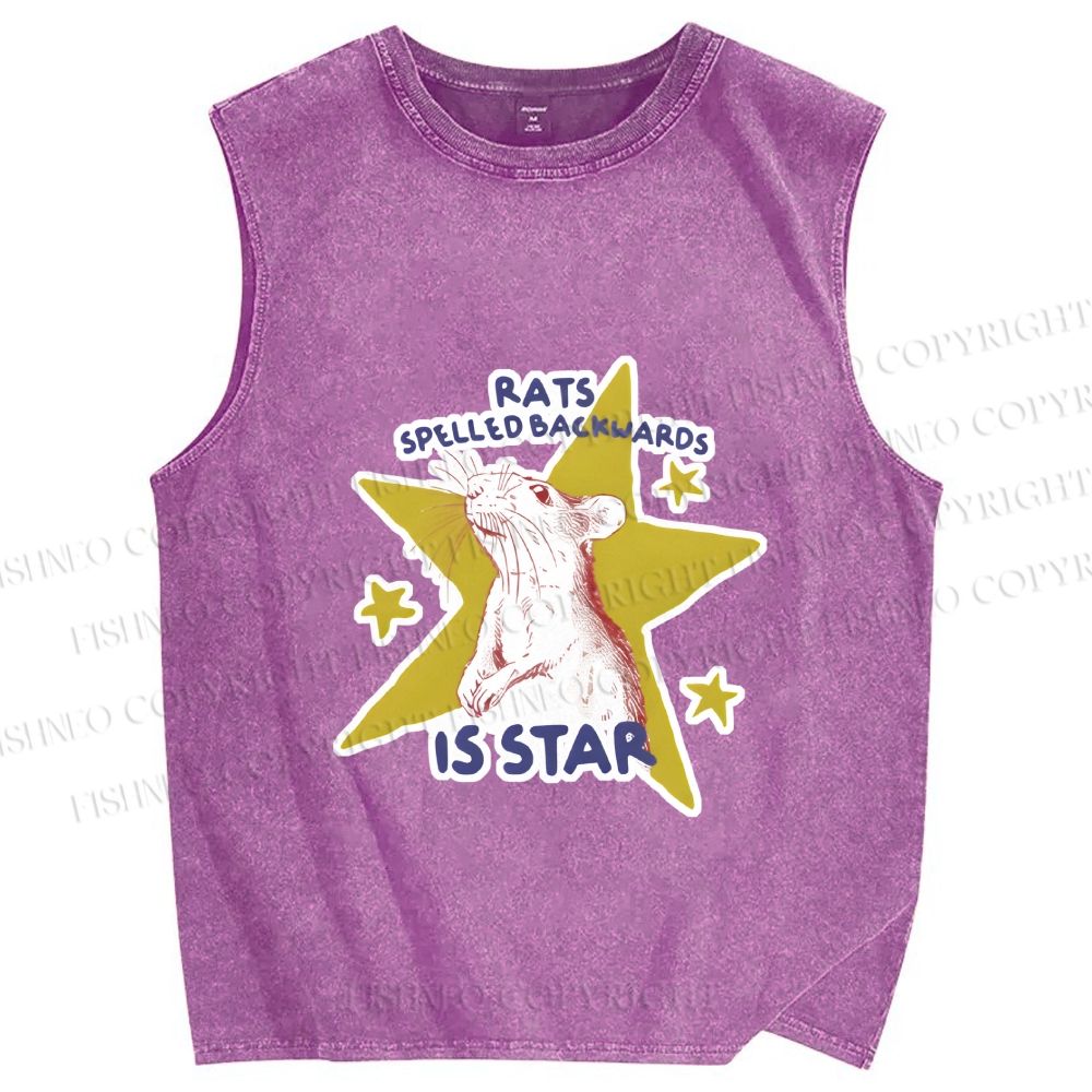 Unisex Rats Spelled Backwards is Star Printed Washed Tank Top