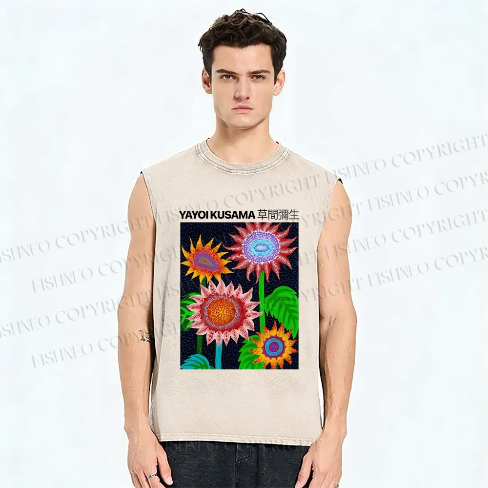 Unisex Yayoi Kusama Colorful Sunflowers Printed Washed Tank Top
