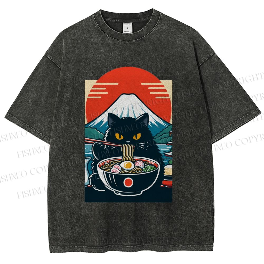 Unisex Black Cat Having Ramen Mount Fuji Printed Washed Tee