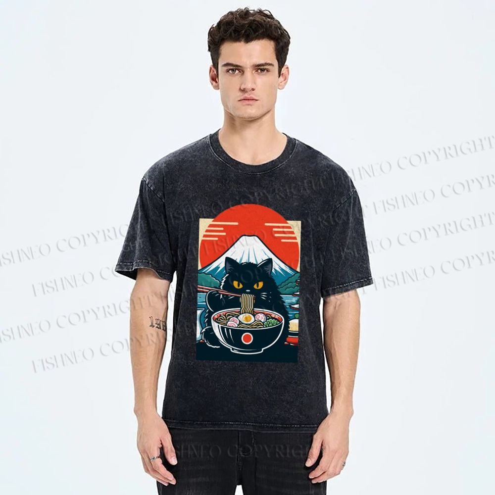 Unisex Black Cat Having Ramen Mount Fuji Printed Washed Tee