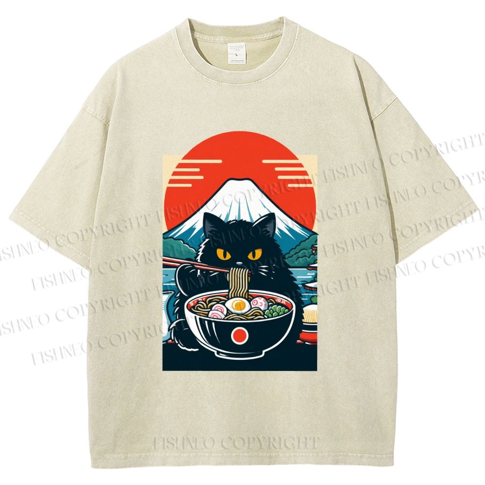 Unisex Black Cat Having Ramen Mount Fuji Printed Washed Tee