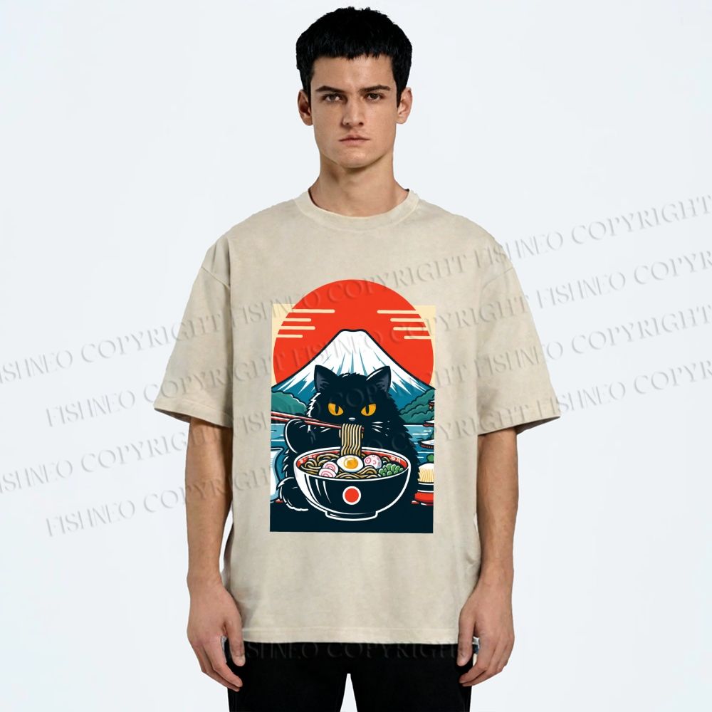 Unisex Black Cat Having Ramen Mount Fuji Printed Washed Tee