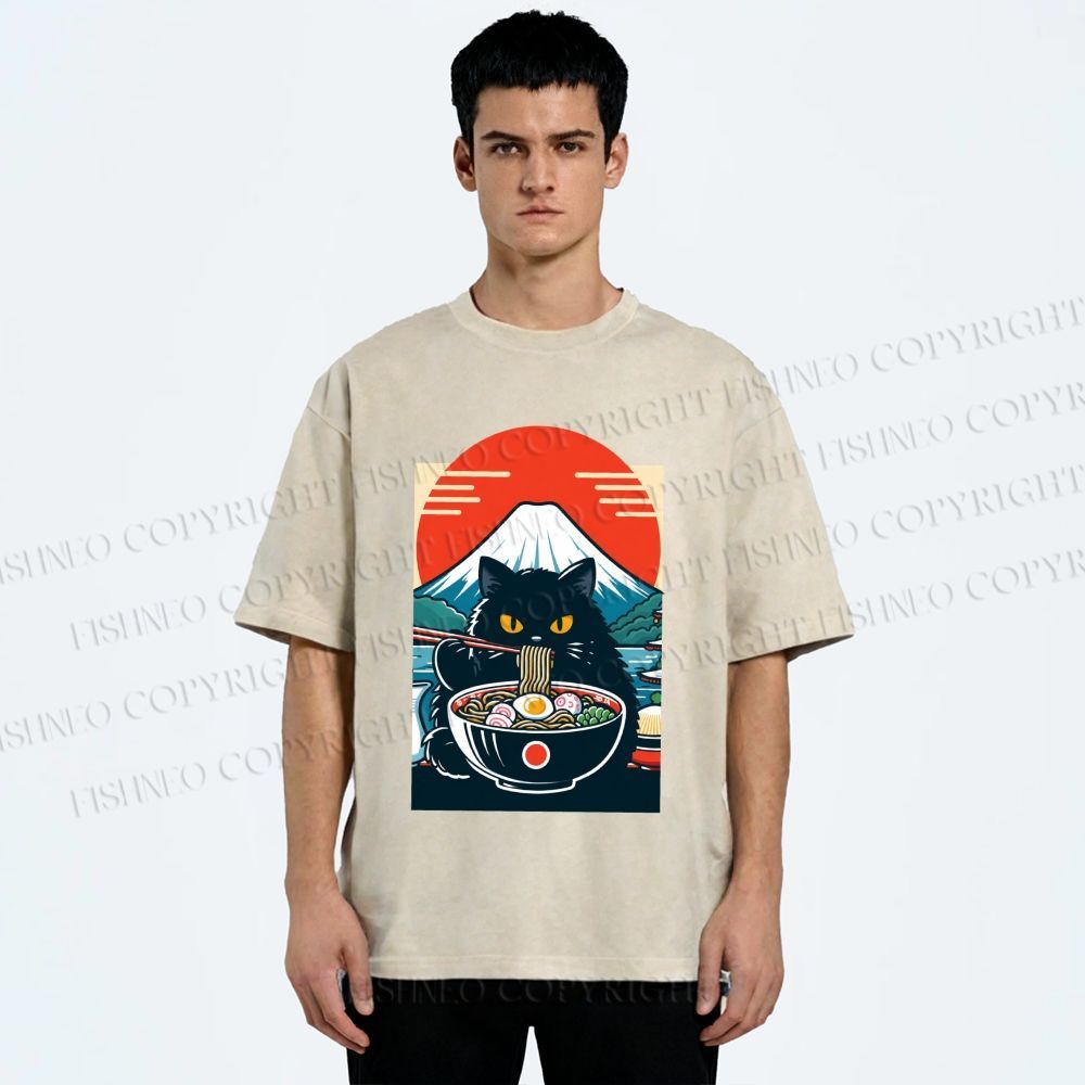 Unisex Black Cat Having Ramen Mount Fuji Printed Washed Tee