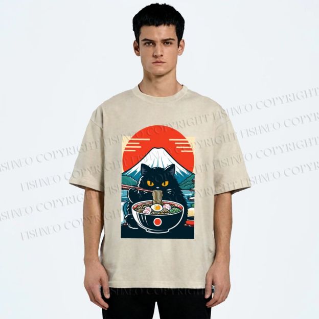 Unisex Black Cat Having Ramen Mount Fuji Printed Washed Tee