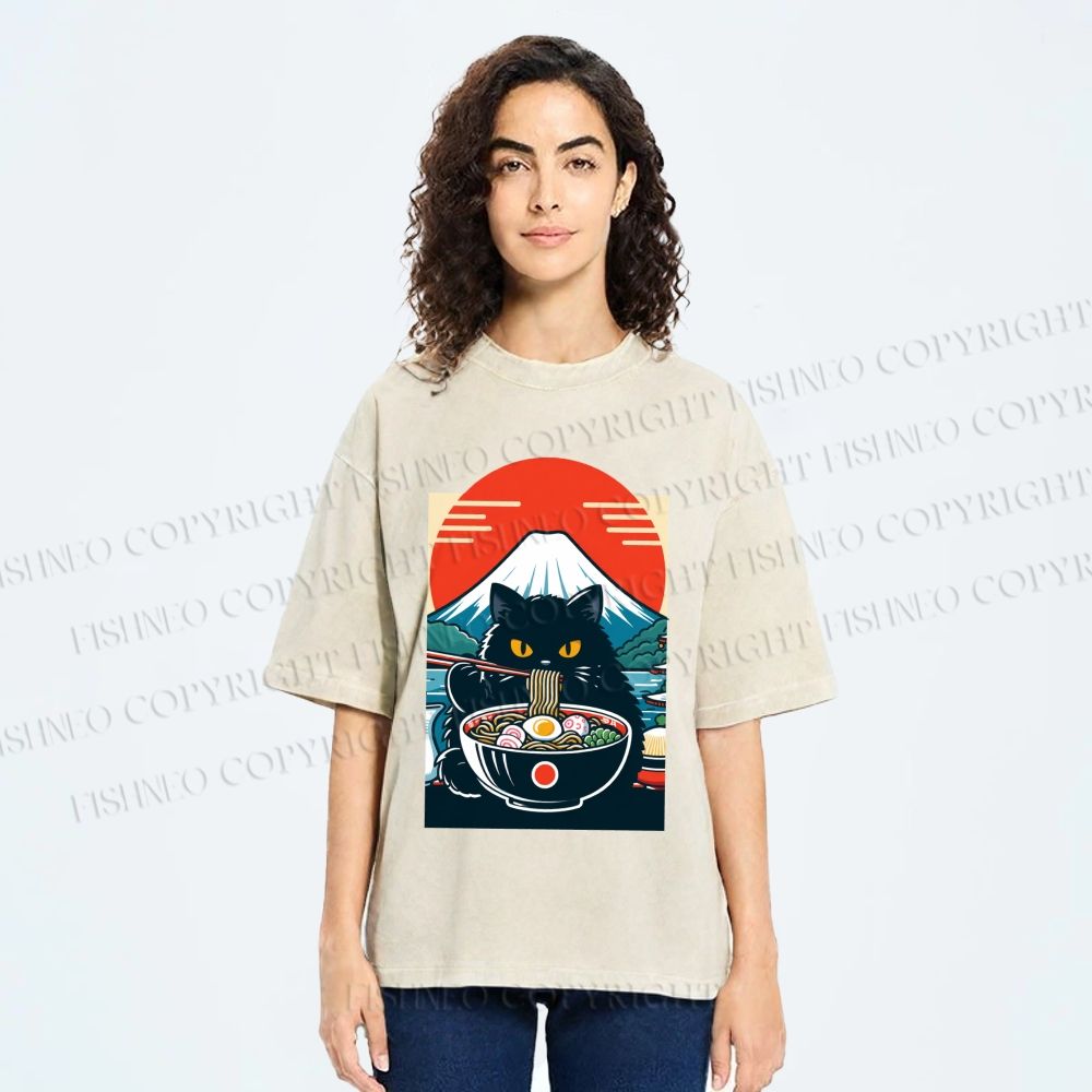 Unisex Black Cat Having Ramen Mount Fuji Printed Washed Tee